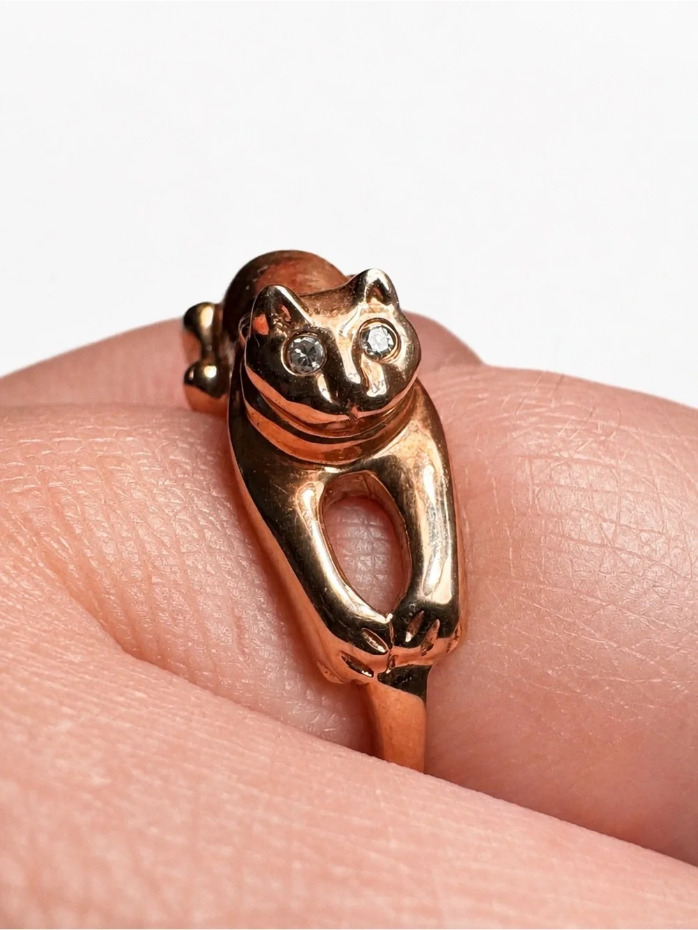 Vintage 14K Rose Gold Cat Ring Diamond Eyes Size 8 5.38g Figural Kitty